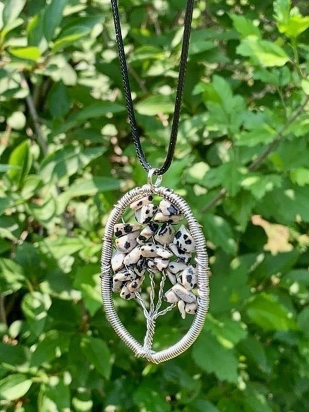 Dalmatian Jasper Tree of Life Pendant Necklace Wire Wrapped Adjustable Cord 18"